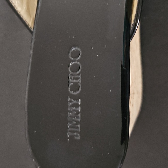 Jimmy Choo Blk Patent Leather Slides Crossover Straps Cork Wedge Sandals Sz38.5 - Picture 9 of 10